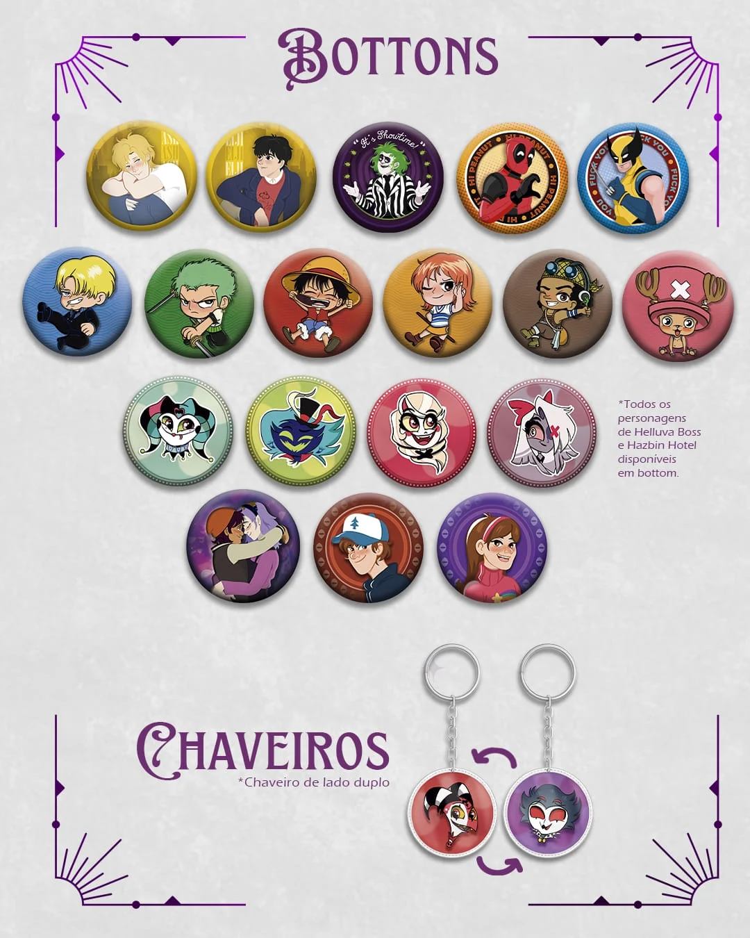 Bottons e Chaveiros Cultura Pop